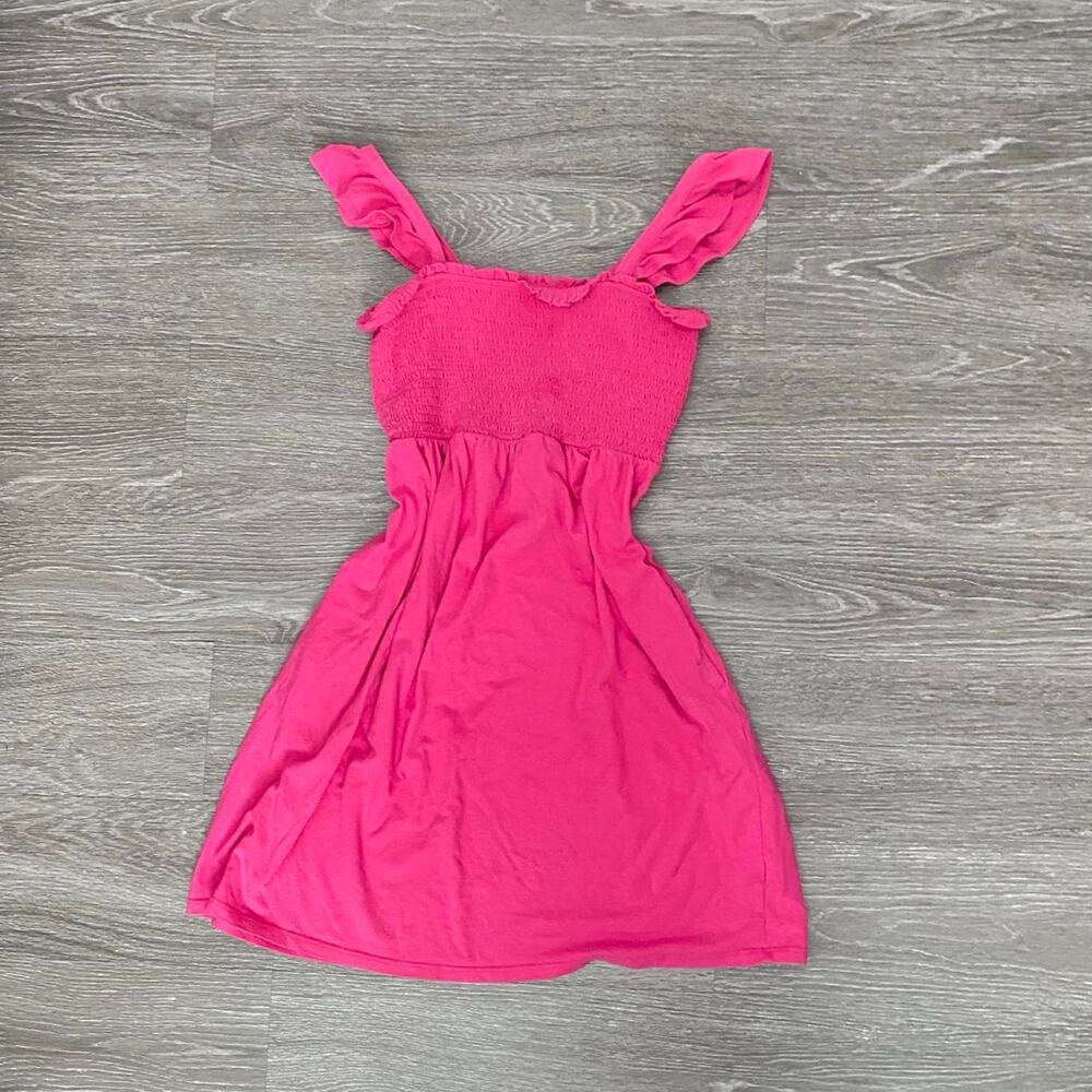 Hot pink ruched ruffle strap dress